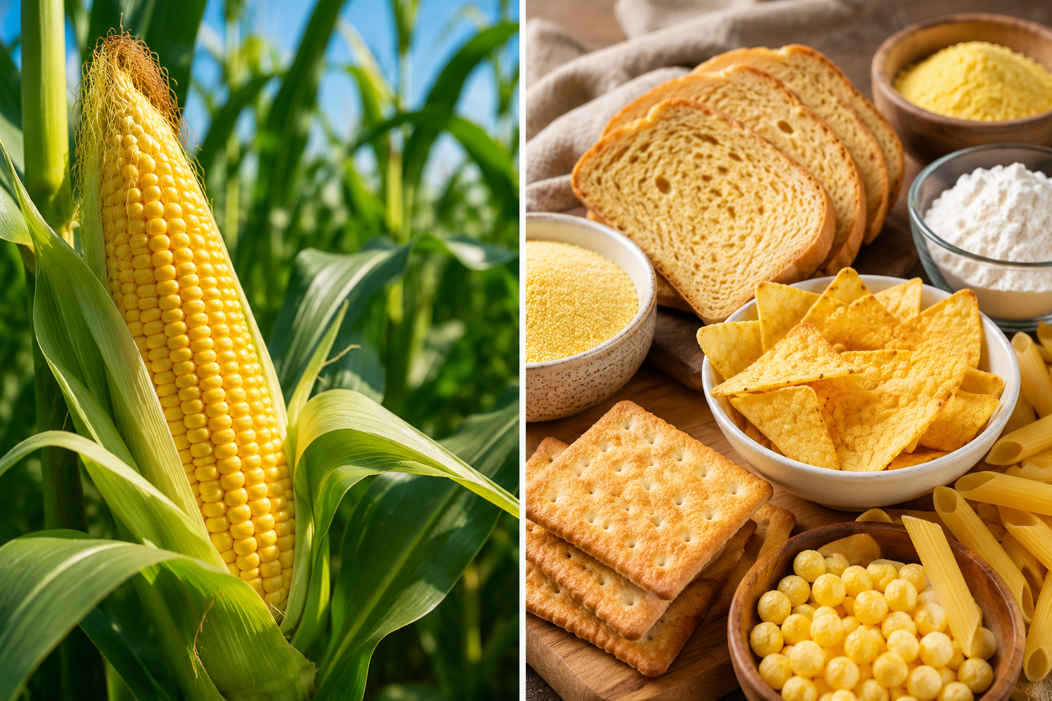 Split image showing fresh corn growing in a field alongside processed corn-based foods commonly used in gluten-free diets
