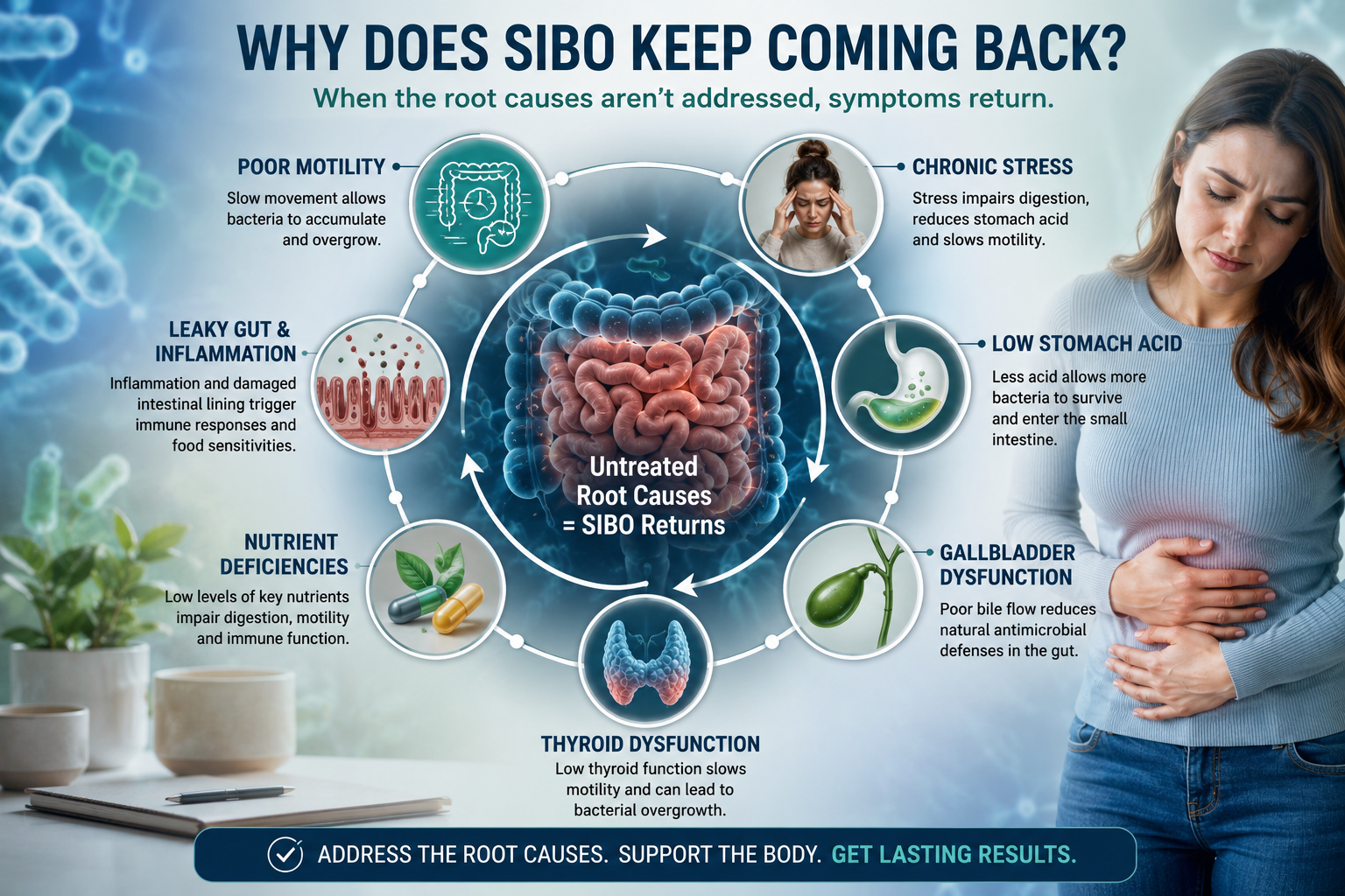 Infographic showing root causes of recurring SIBO including poor motility, stress, thyroid dysfunction, low stomach acid, gallbladder dysfunction, and leaky gut