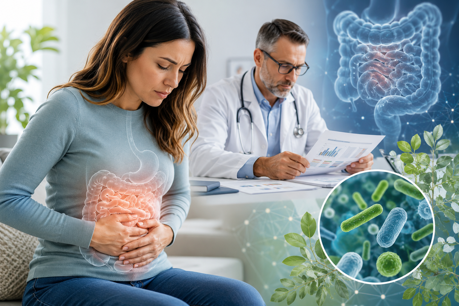 Woman experiencing bloating with functional medicine digestive health evaluation and gut microbiome imagery