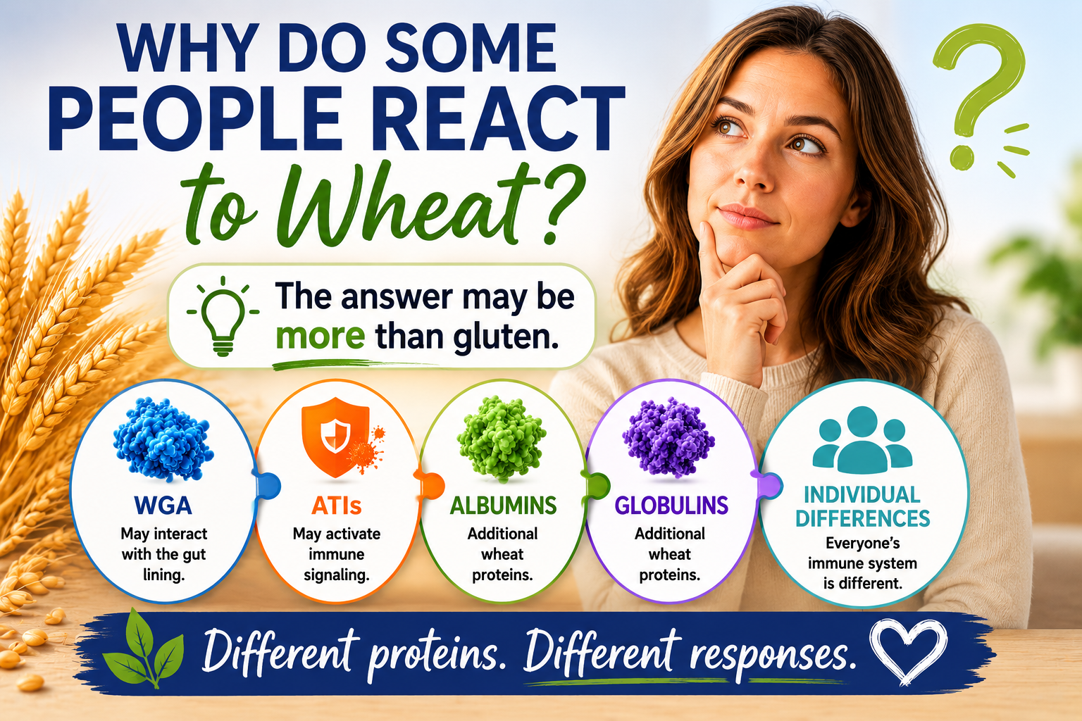 Educational infographic explaining why different people may react differently to wheat due to WGA ATIs albumins globulins gut health and immune system factors