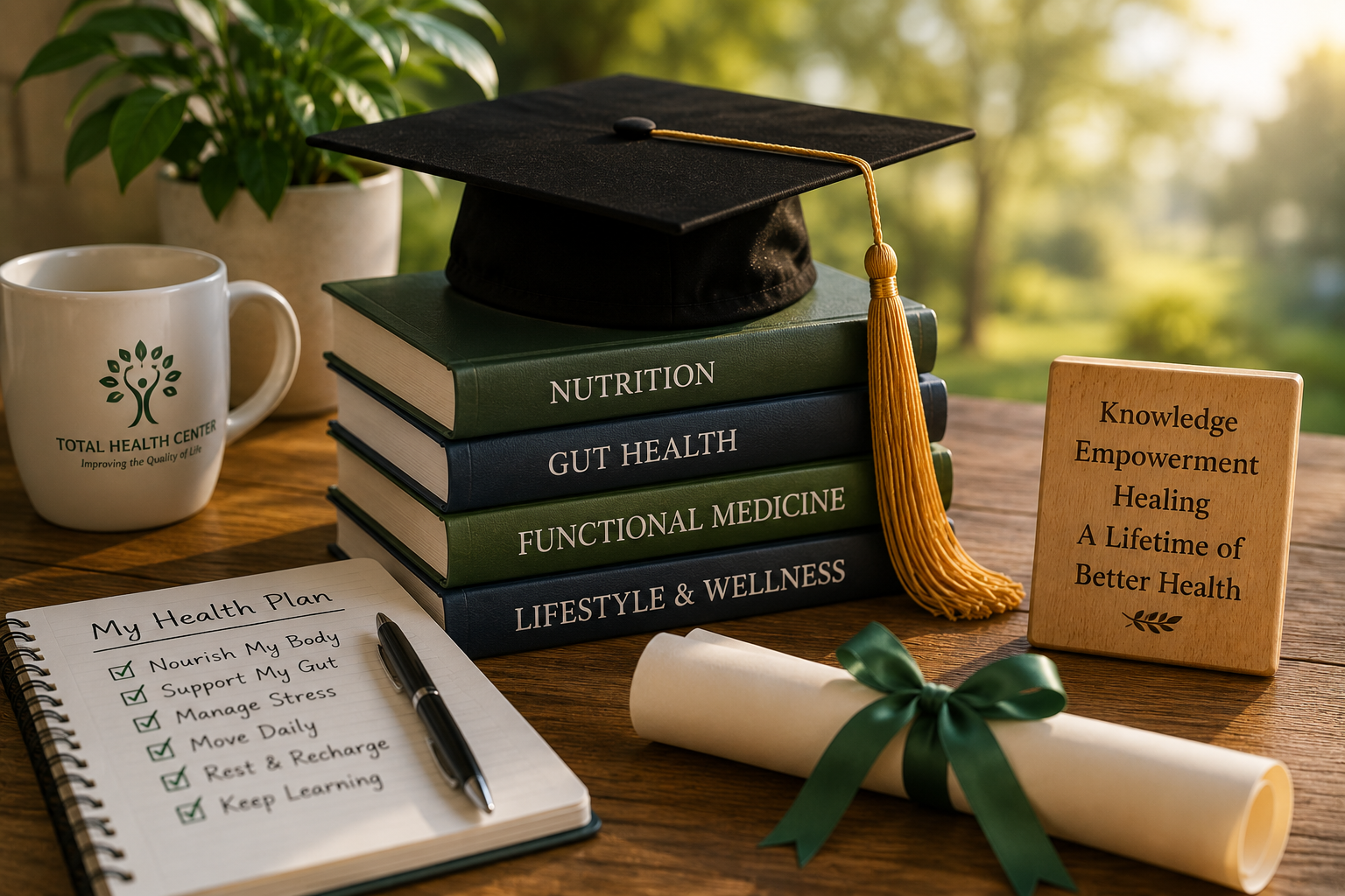 Graduation cap resting on health and nutrition books beside a personalized wellness plan and diploma, symbolizing the beginning of a lifelong health journey through functional medicine.