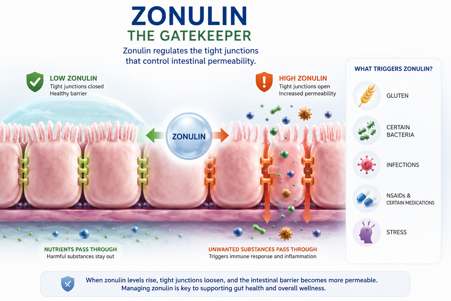 Educational infographic explaining how zonulin regulates intestinal tight junctions and influences intestinal permeability.