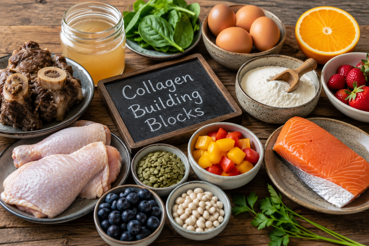 Collagen-building foods including bone broth, slow-cooked meat, chicken, eggs, citrus fruit, collagen peptides, and leafy greens.