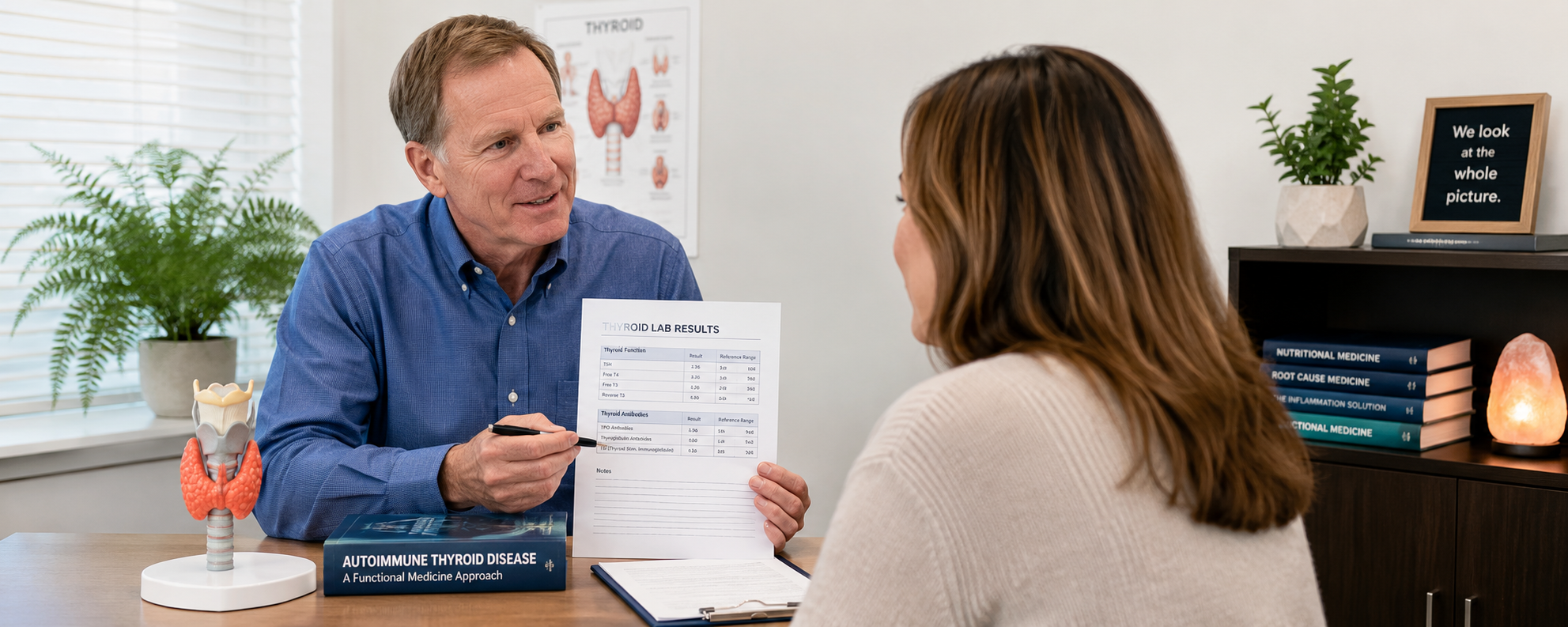 Dr. Scott reviewing thyroid laboratory results with a patient during a consultation about Hashimoto's disease and Graves' disease.