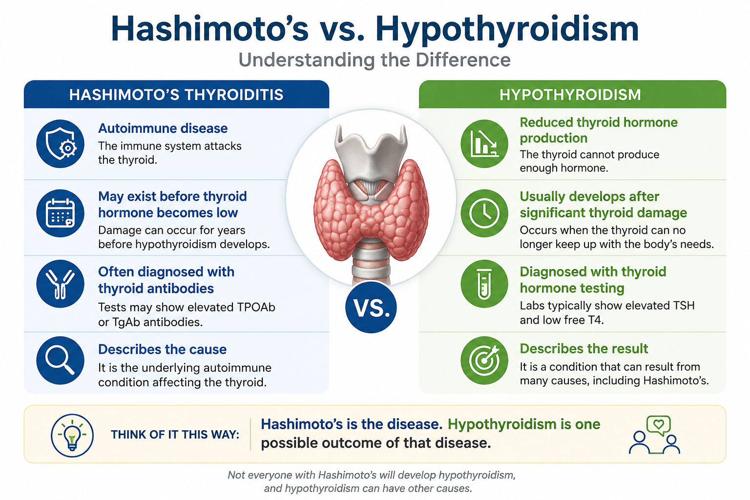 Comparison chart explaining the difference between Hashimoto's thyroiditis and hypothyroidism.