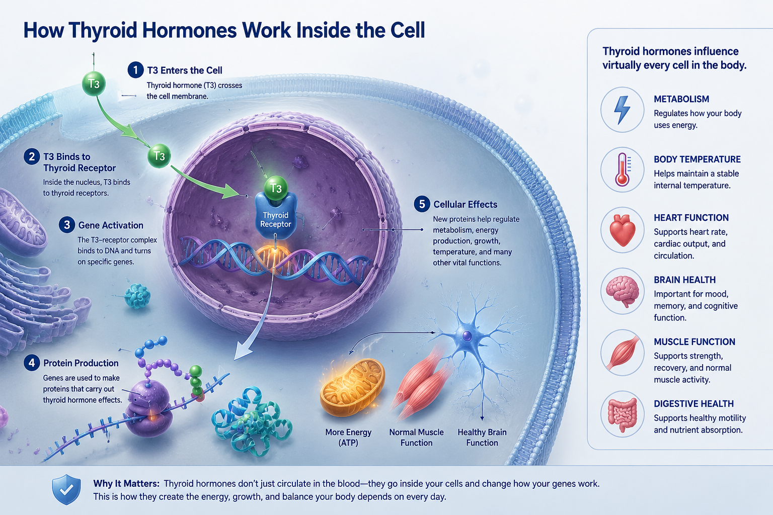 Diagram illustrating how the active thyroid hormone T3 enters cells, binds to thyroid receptors, activates genes, and regulates energy production, metabolism, and normal cellular function.