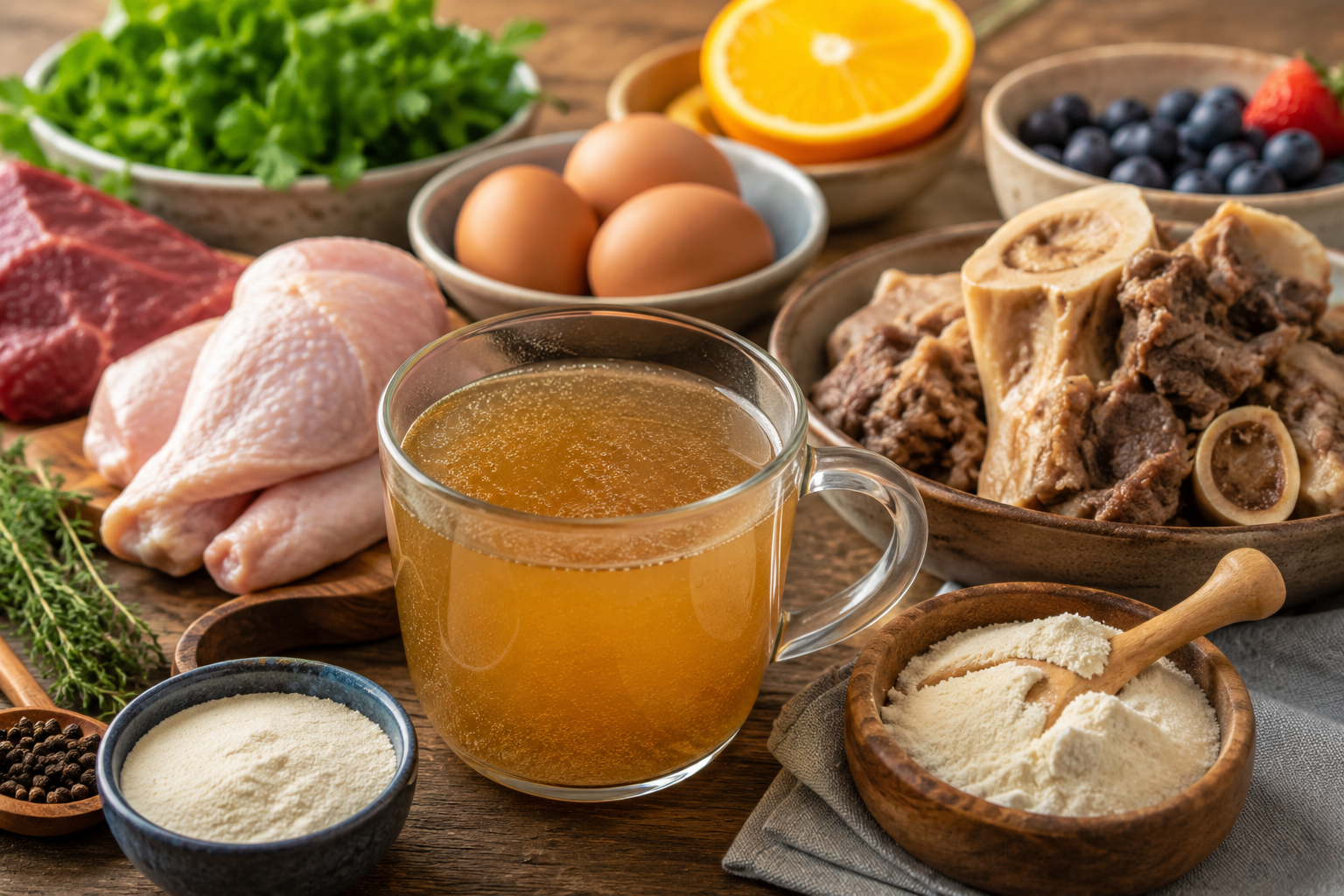 Collagen-rich foods including bone broth, slow-cooked beef, chicken, eggs, citrus fruit, and collagen peptides arranged on a wooden table.