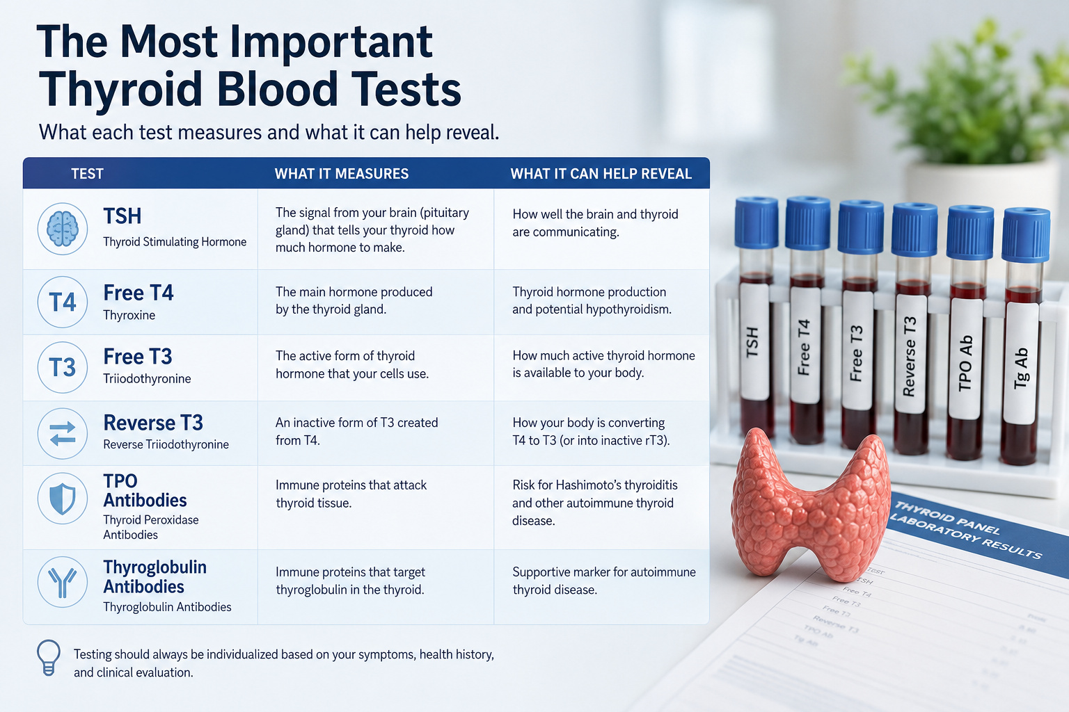 Infographic explaining the most important thyroid blood tests including TSH, Free T4, Free T3, Reverse T3, and thyroid antibodies.