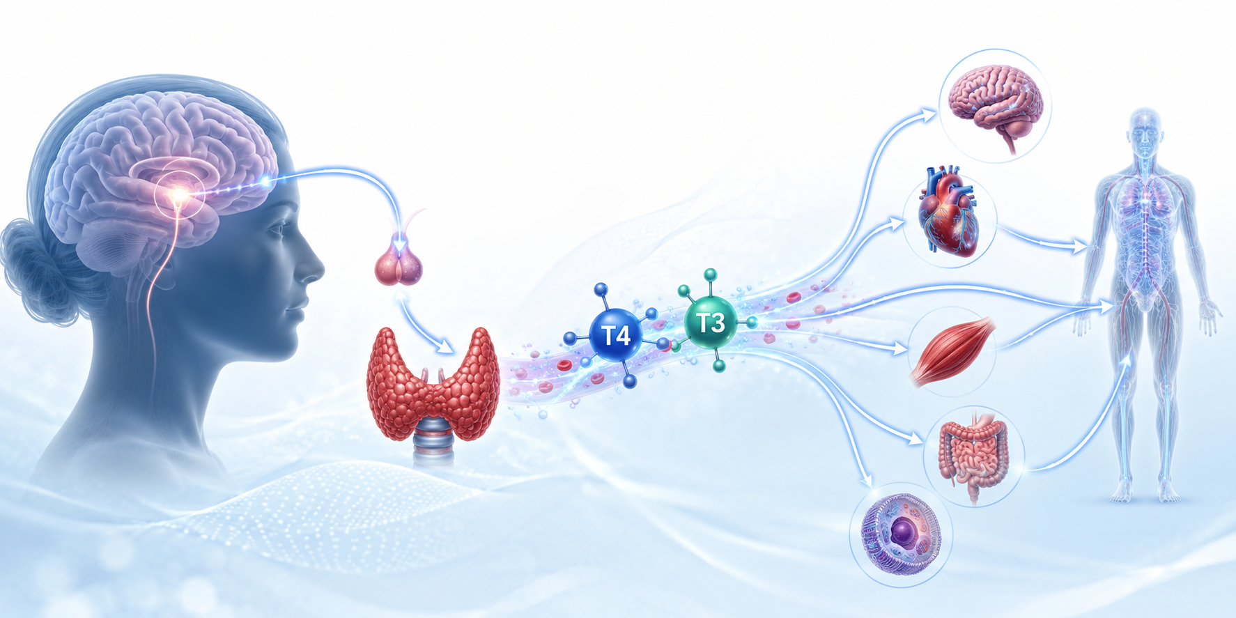 Illustration of the thyroid hormone pathway connecting the brain, thyroid gland, and body systems to represent normal thyroid function.