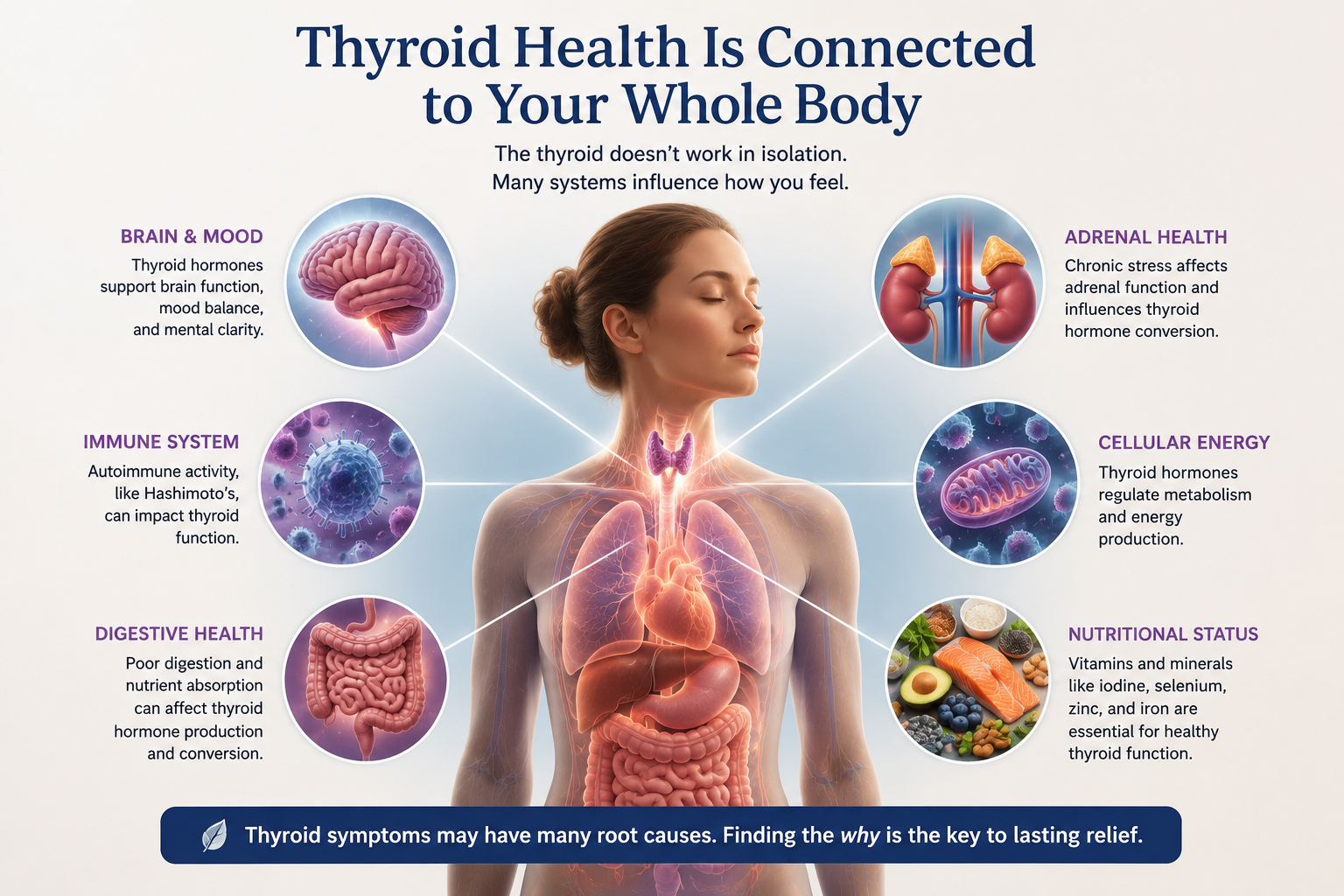 The thyroid gland interacts with the brain, immune system, digestion, adrenal glands, metabolism, and nutrition to influence overall health.