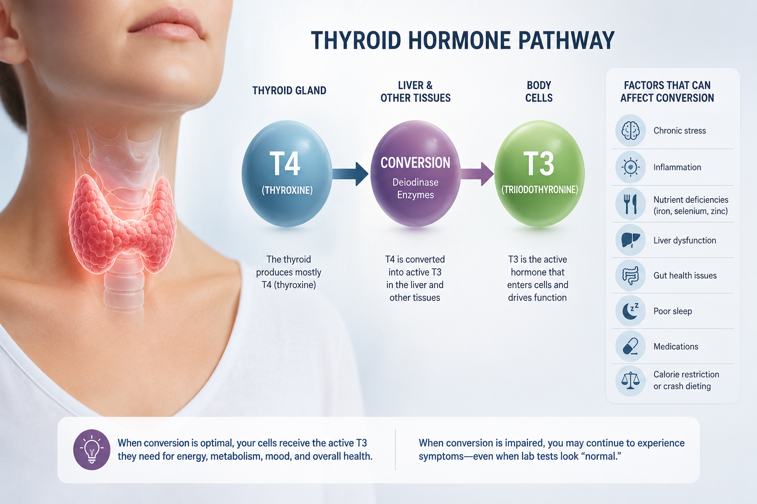 Diagram showing how the thyroid produces T4, which is converted into the active hormone T3, along with common factors that can interfere with thyroid hormone conversion.
