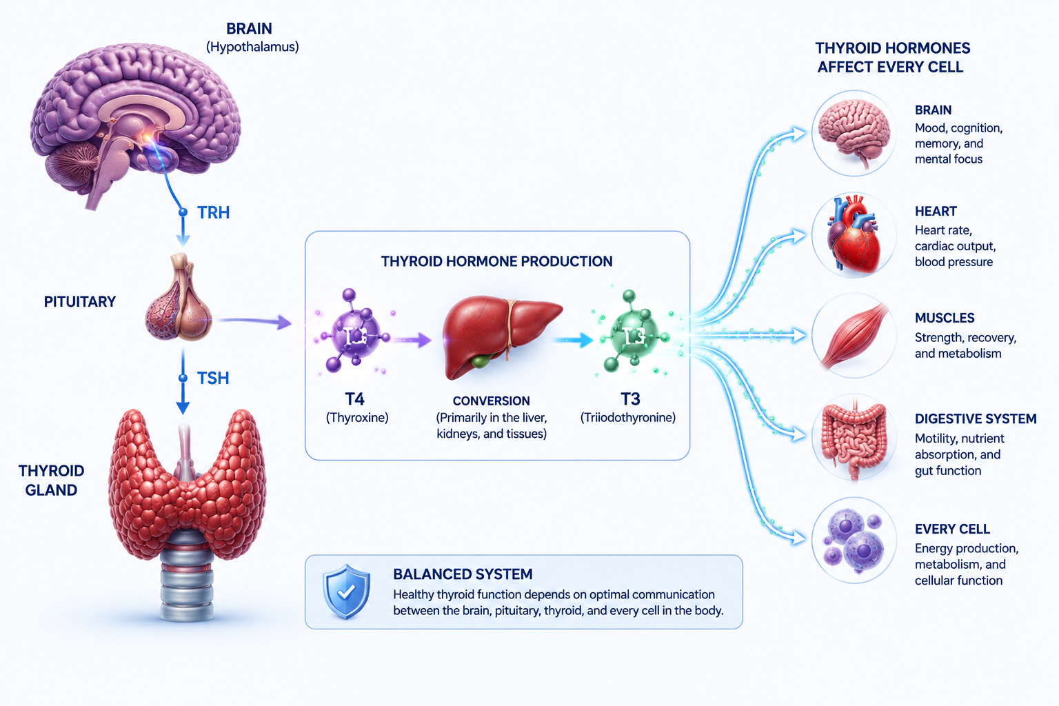 Diagram illustrating the thyroid hormone pathway from the brain and pituitary gland to the thyroid, T4 to T3 conversion, and the effects of thyroid hormones throughout the body.