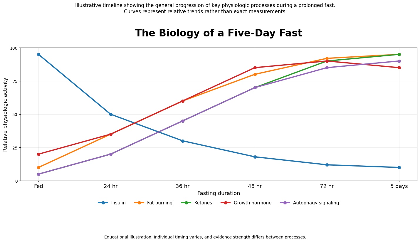 Illustrative timeline showing physiologic changes during a five-day fast, including insulin, fat burning, ketones, growth hormone, and autophagy signaling.