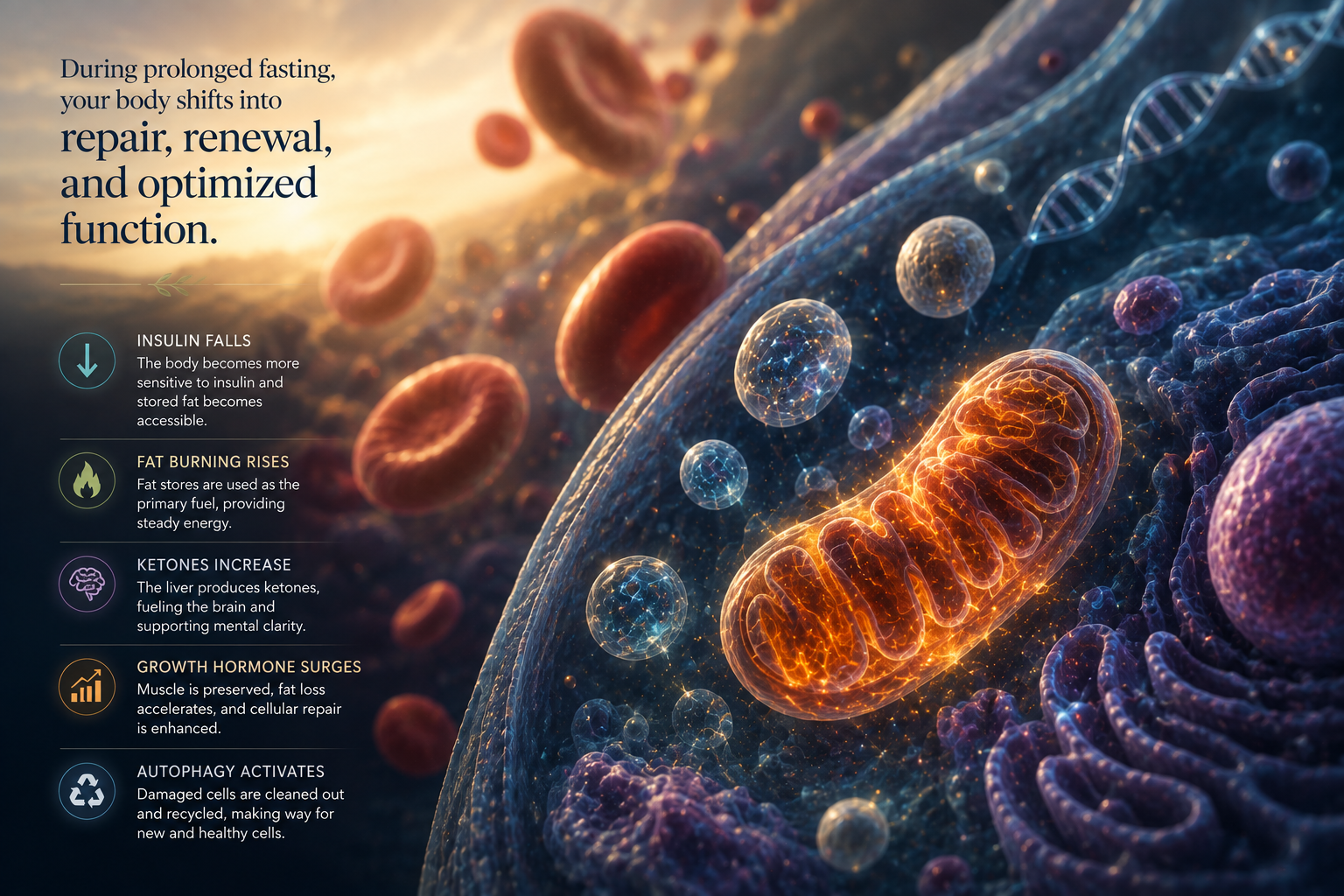 Illustration showing cellular adaptations during prolonged fasting, including increased ketone production, growth hormone signaling, fat burning, and autophagy.