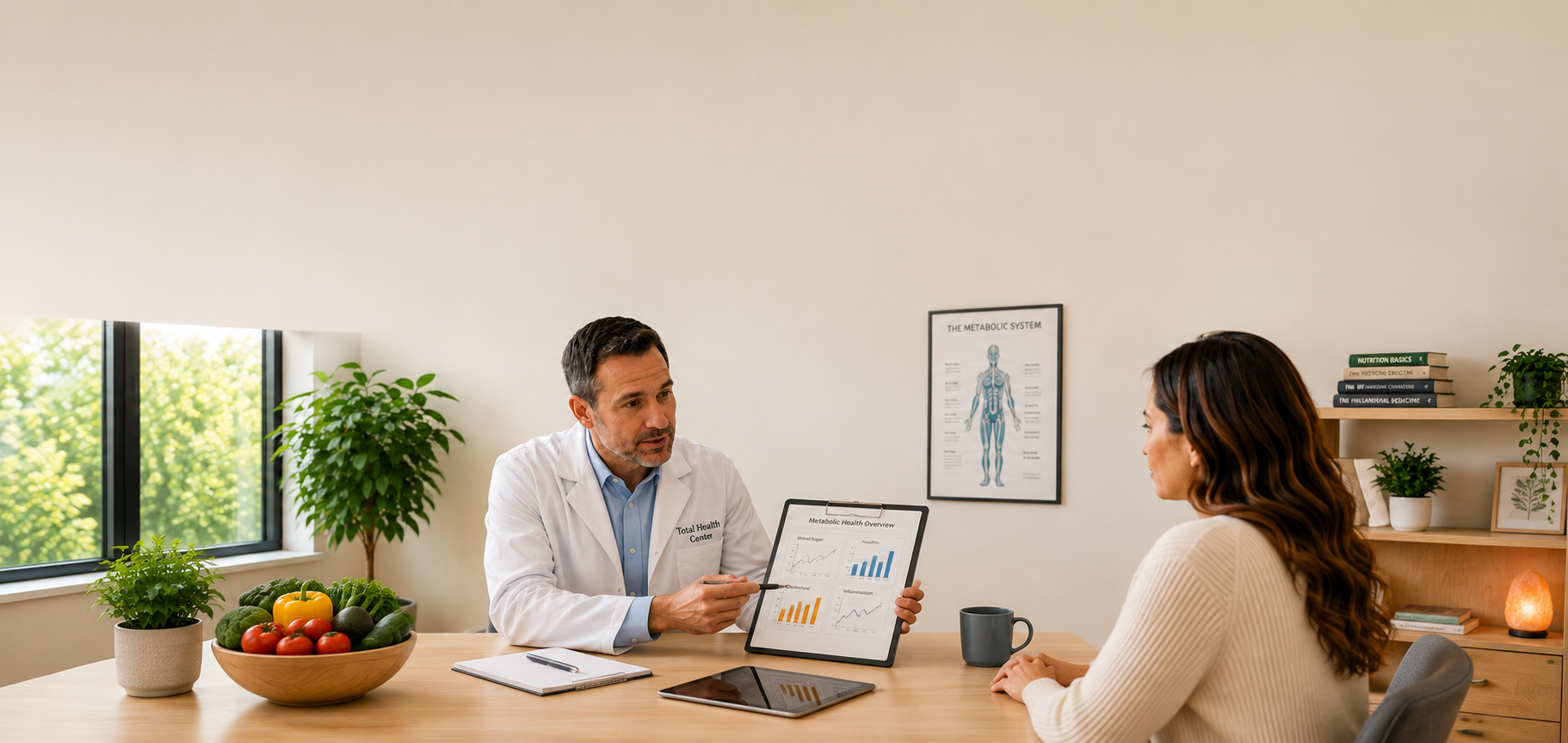 Functional medicine physician reviewing metabolic health, nutrition, and laboratory findings with a patient during a personalized consultation.