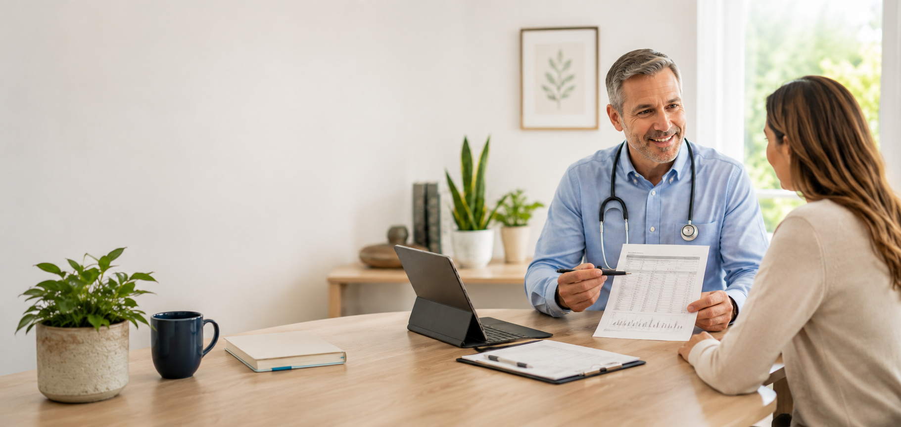 Functional medicine physician reviewing laboratory test results with a patient during a personalized health consultation.