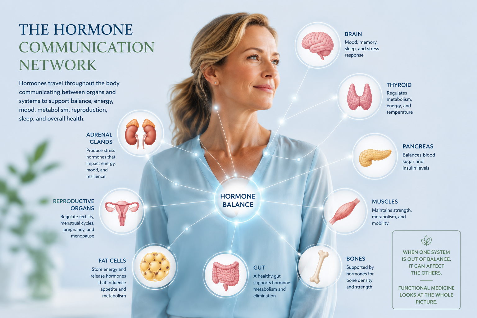 Hormones communicate between the brain, thyroid, adrenal glands, pancreas, reproductive organs, digestive system, muscles, and other body systems to help regulate metabolism, energy, mood, sleep, and overall health.