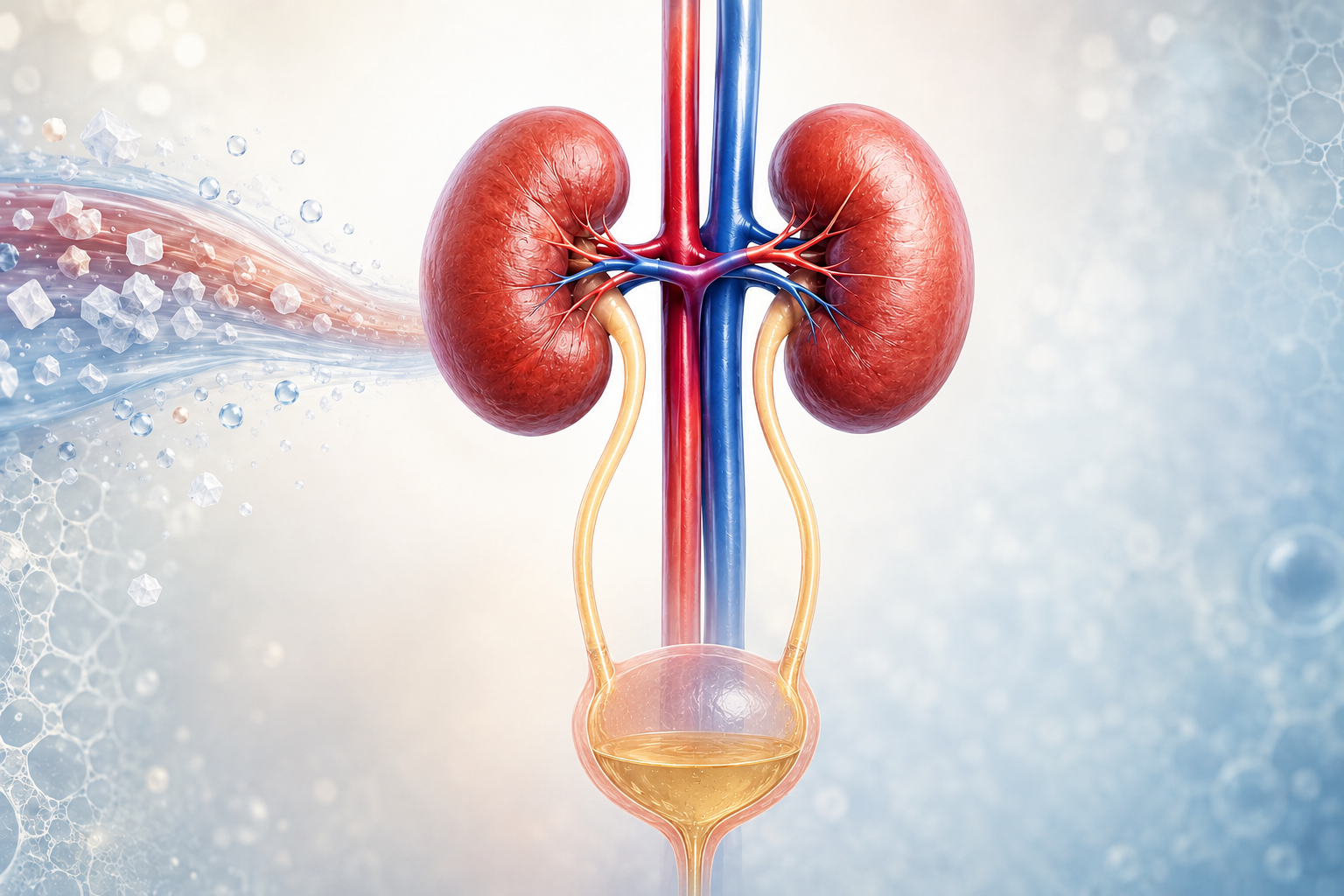 Illustration of healthy kidneys regulating sodium and water through the urinary system.