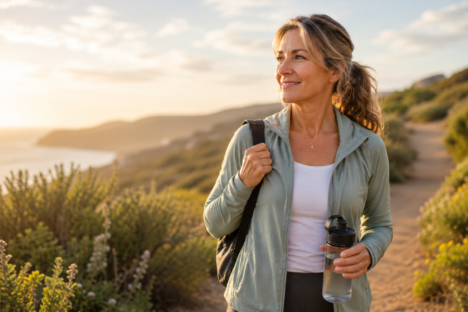 Active midlife woman supporting healthy aging, cardiovascular health, muscle, and bone health during menopause.