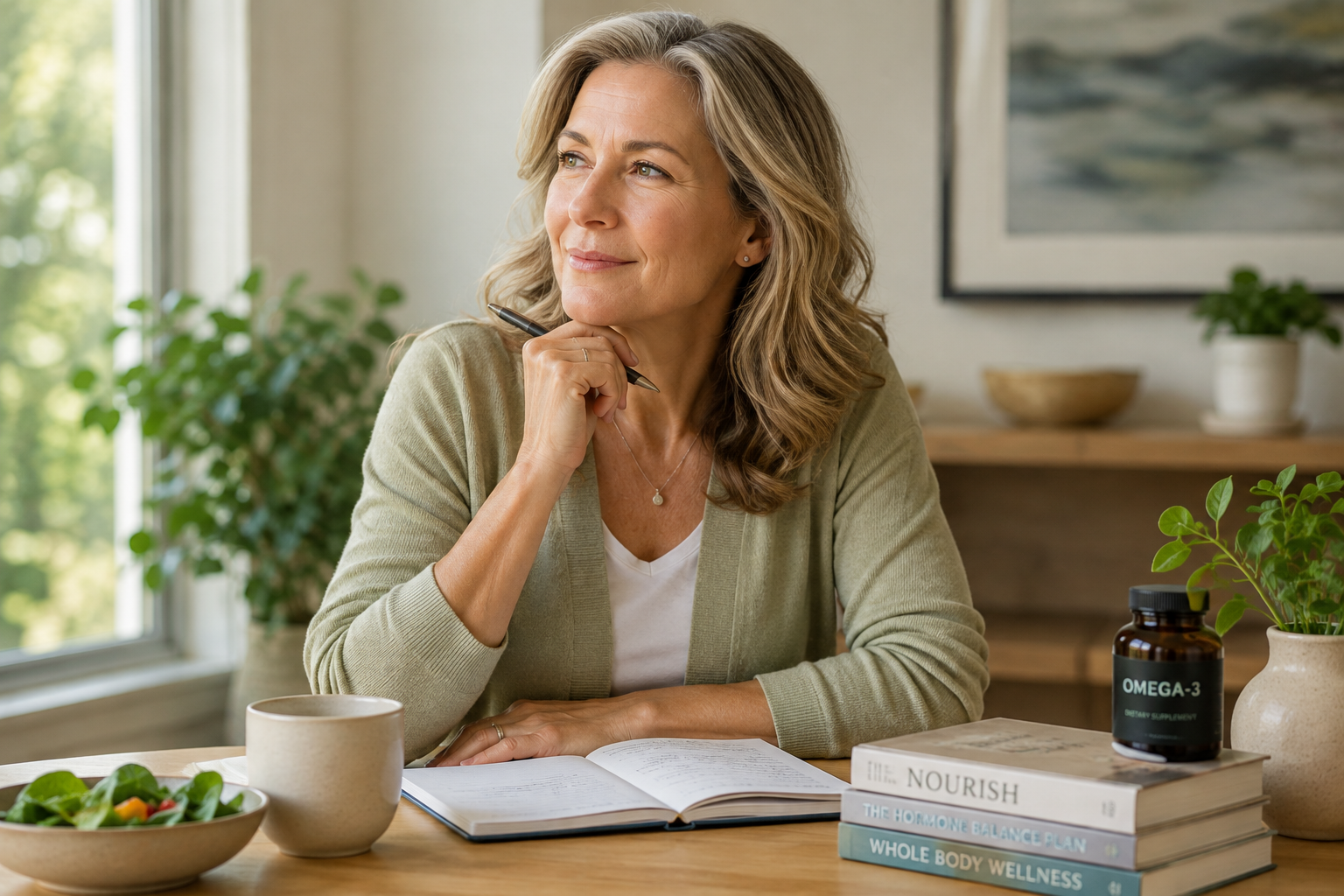 Midlife woman taking an active approach to nutrition, hormone health, and wellness during menopause.