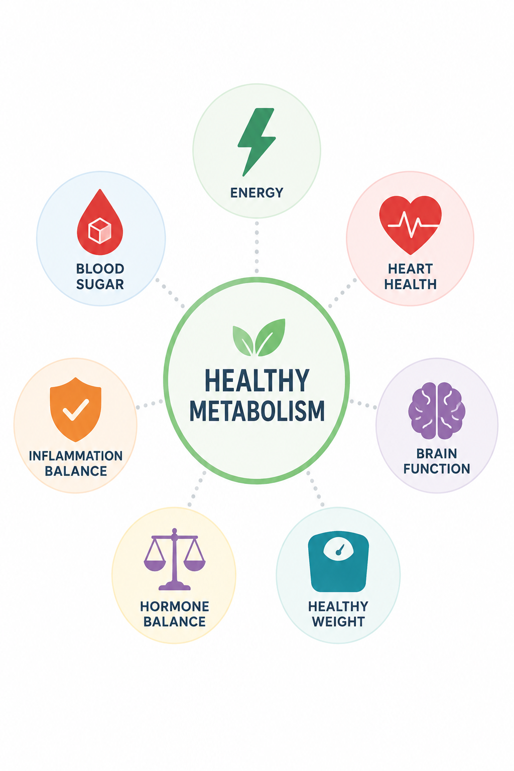 Illustration showing how healthy metabolism supports energy, blood sugar regulation, heart health, brain function, healthy weight, hormone balance, and inflammation balance.
