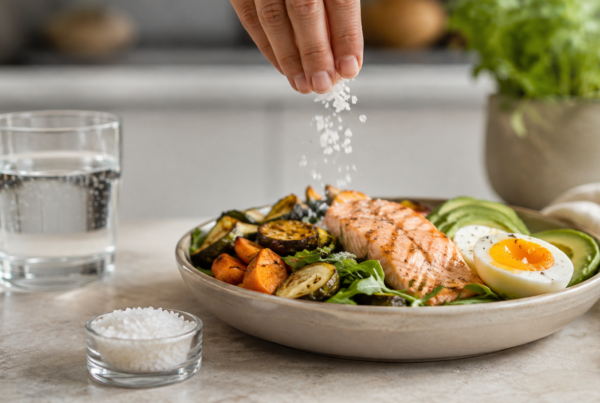 Hand sprinkling natural sea salt over a nutrient-dense whole-food meal.