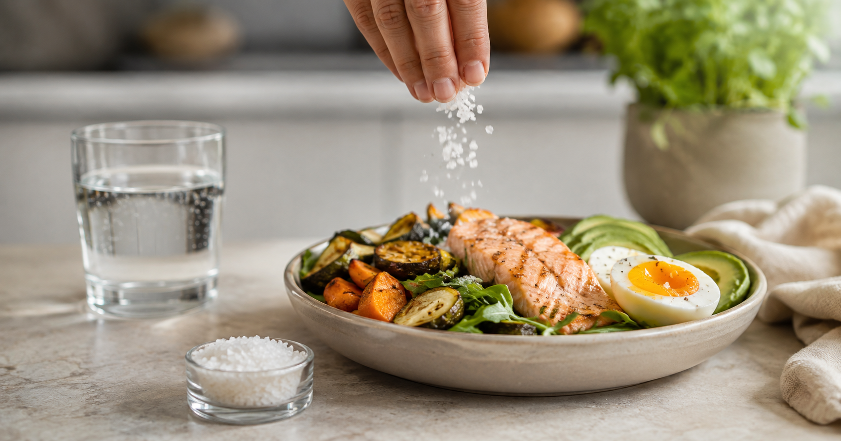Hand sprinkling natural sea salt over a nutrient-dense whole-food meal.