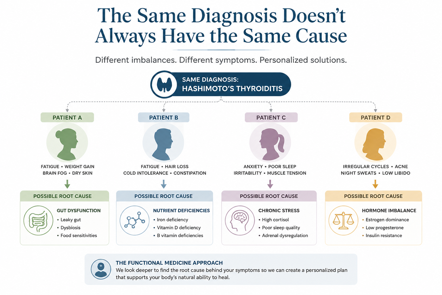 Illustration showing how patients with the same diagnosis can have different underlying root causes, demonstrating the personalized approach used in functional medicine.