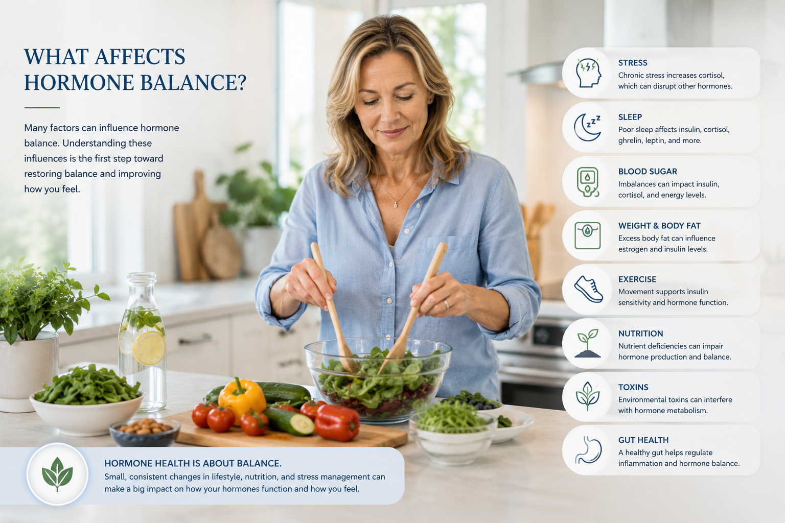 Woman preparing a healthy meal beside an infographic showing how stress, sleep, blood sugar, body weight, exercise, nutrition, environmental exposures, and gut health can influence hormone balance.