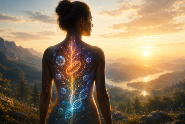 Woman overlooking a sunrise with artistic cellular imagery representing the body's metabolic adaptation and healing during prolonged fasting.