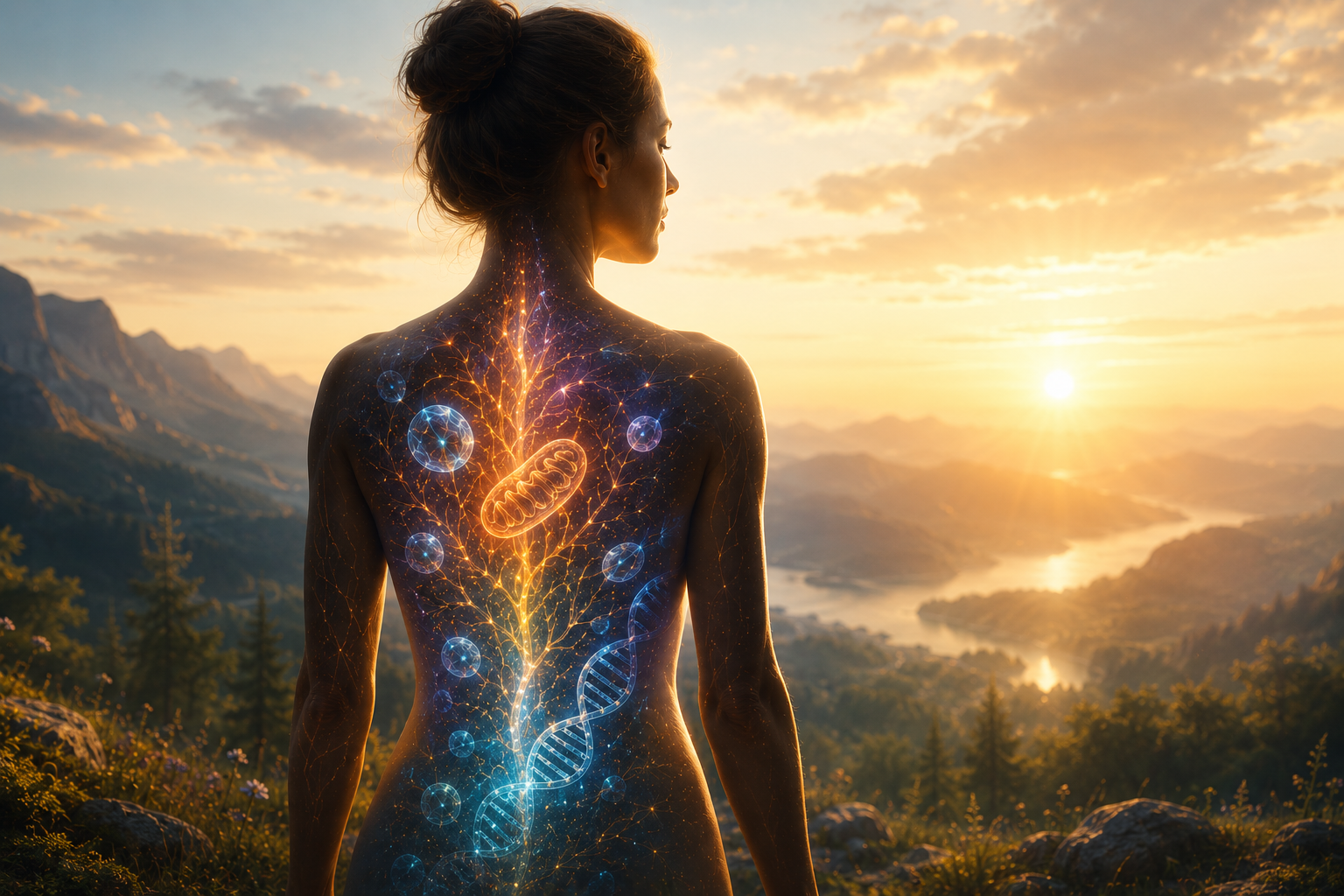 Woman overlooking a sunrise with artistic cellular imagery representing the body's metabolic adaptation and healing during prolonged fasting.