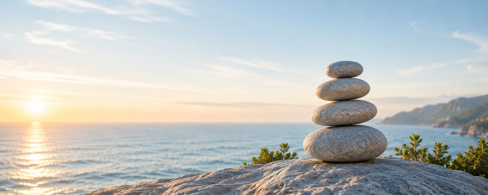 Balanced stone cairn overlooking the ocean symbolizing whole-body balance, root-cause healing, and the principles of functional medicine.