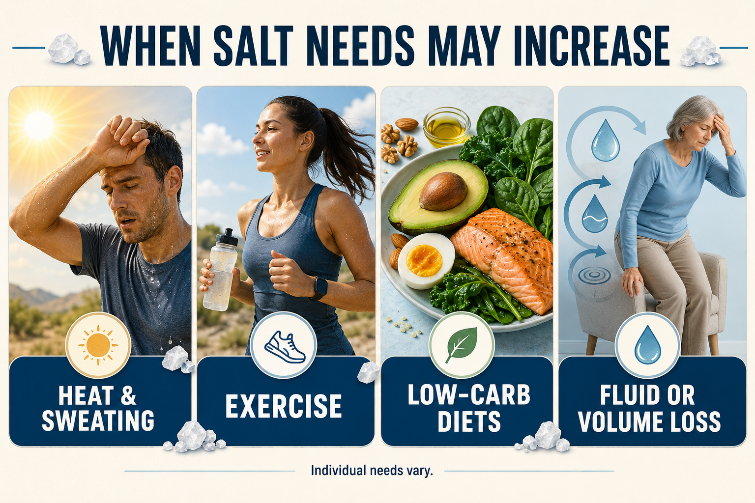 Four situations that may increase salt needs: heat and sweating, exercise, low-carbohydrate diets, and fluid or blood-volume loss.
