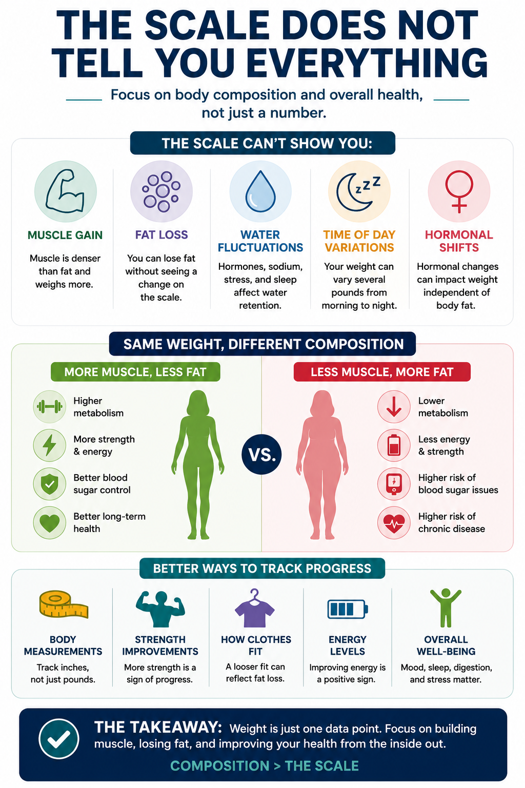 Infographic showing why scale weight does not fully reflect body composition, including differences in muscle, body fat, water, strength, and metabolic health.