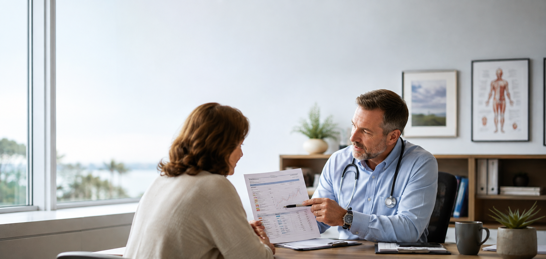 Doctor reviewing metabolic health laboratory results with a patient during a functional medicine consultation.