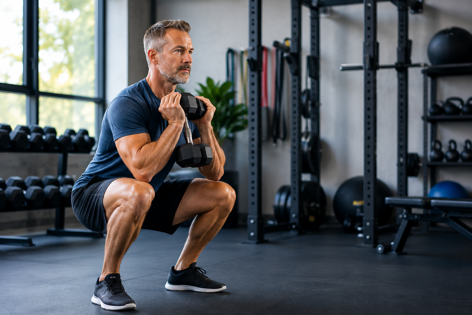 Middle-aged man performing resistance training to support muscle mass, insulin sensitivity, and metabolic health.
