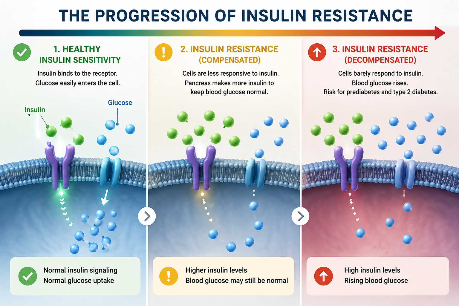 Diagram showing the progression from healthy insulin sensitivity to compensated insulin resistance and rising blood glucose.