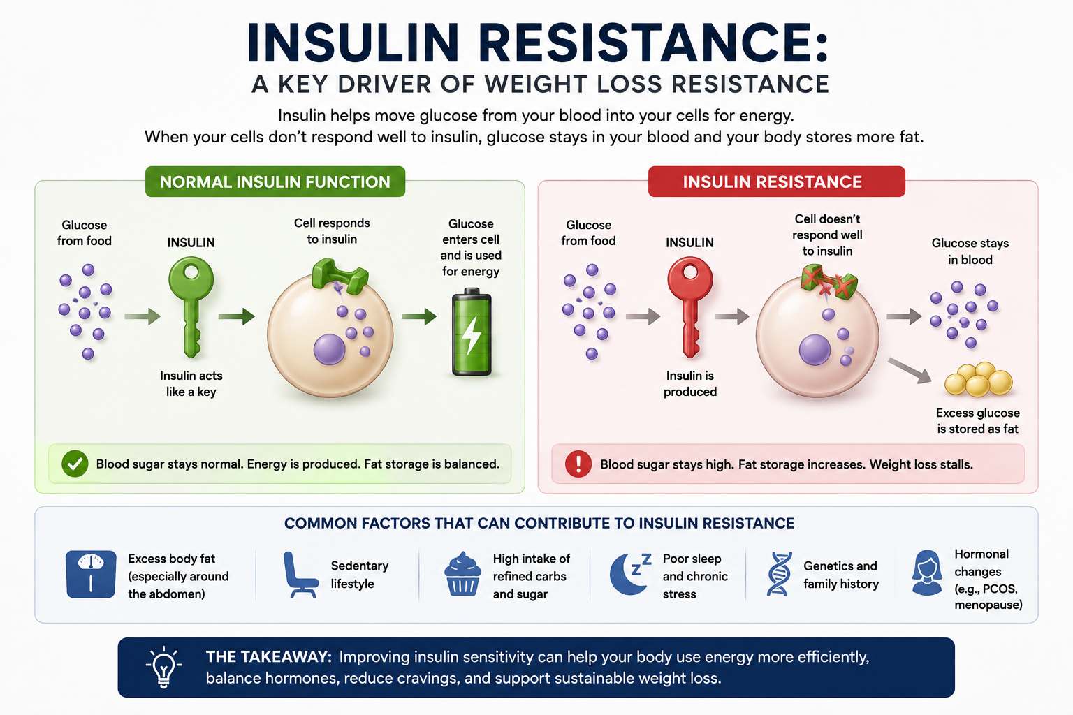 Diagram comparing normal insulin function with insulin resistance and showing how reduced insulin sensitivity affects glucose regulation and weight management.