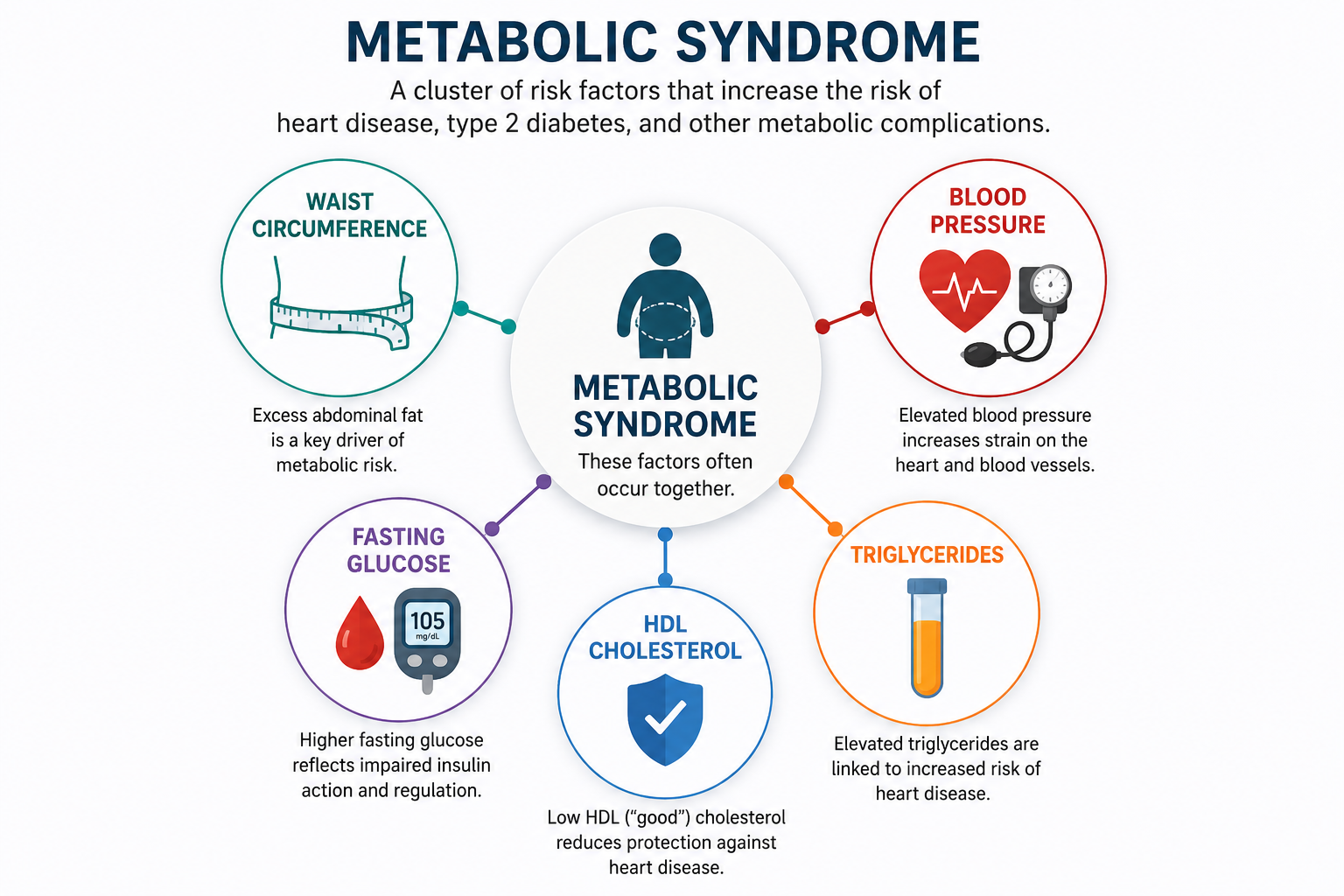 Diagram showing the five metabolic syndrome risk factors: increased waist circumference, high blood pressure, elevated fasting glucose, high triglycerides, and low HDL cholesterol.