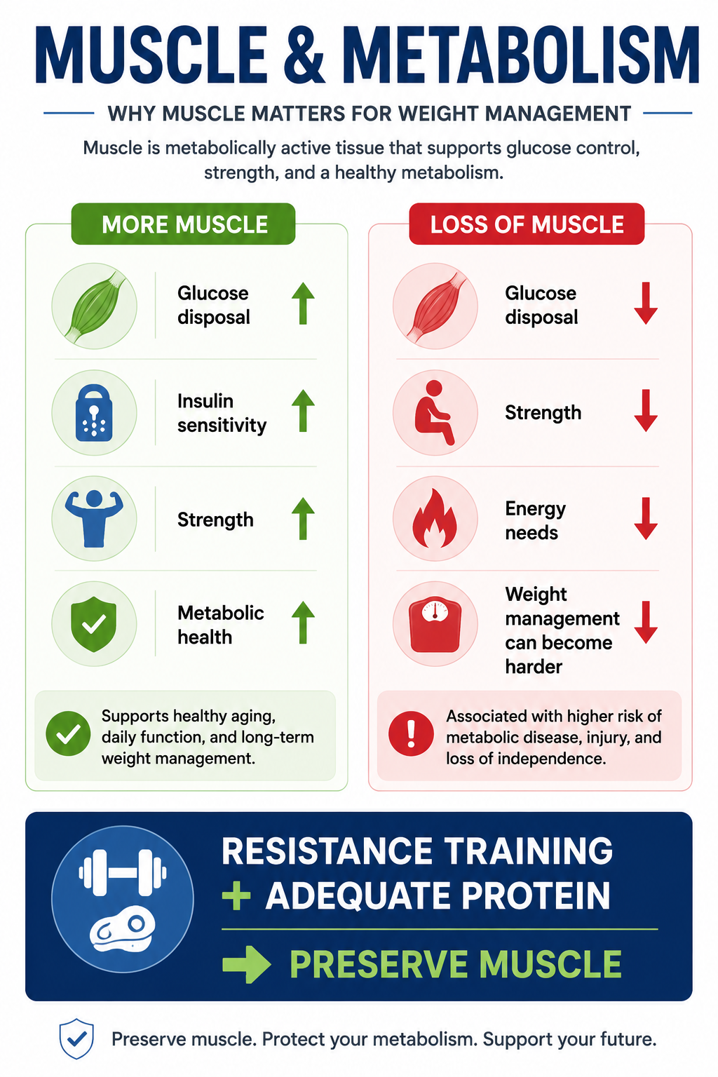 Diagram showing how maintaining muscle supports metabolic health, glucose regulation, strength, and long-term weight management.