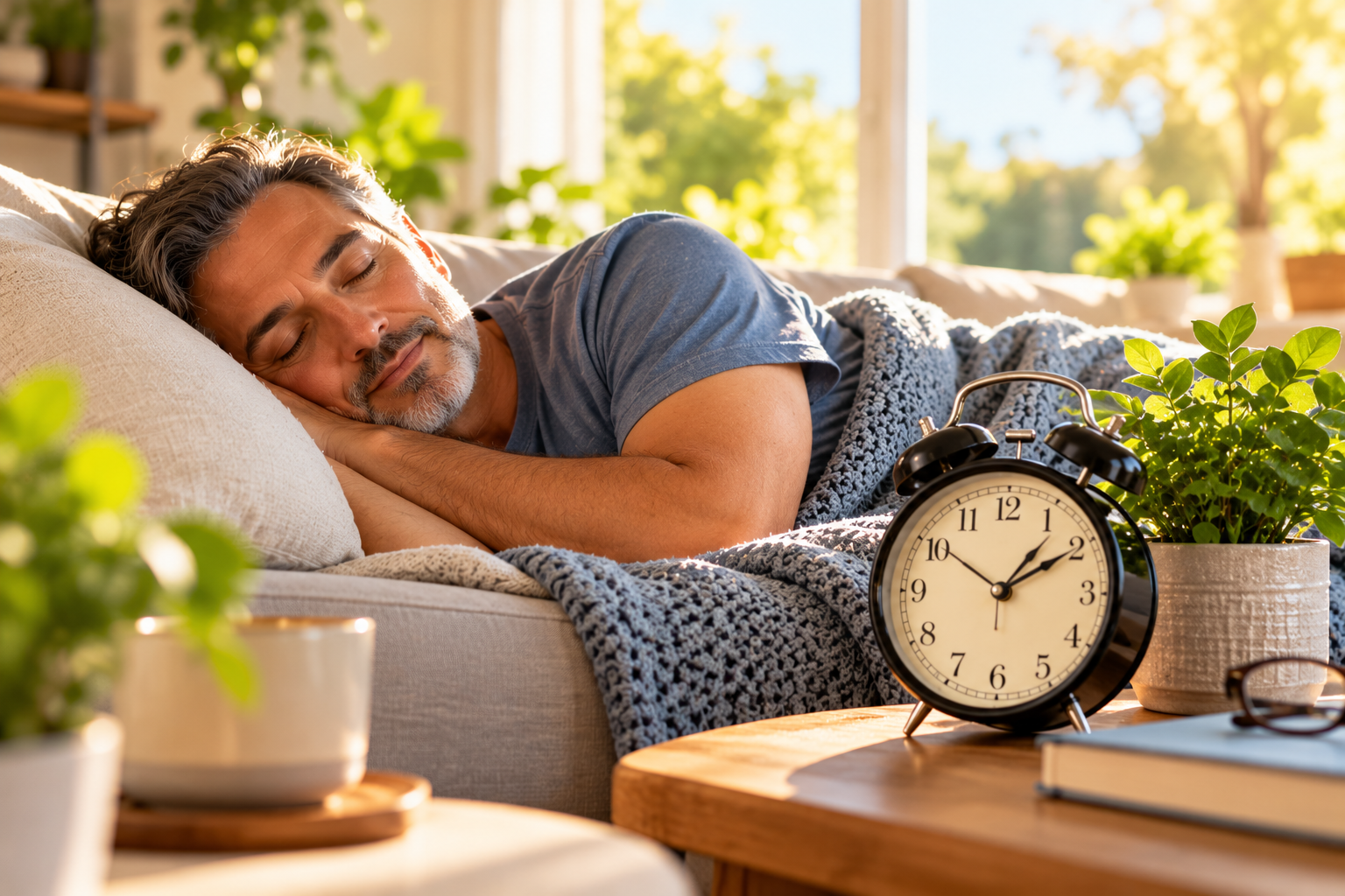 Man enjoying a peaceful afternoon nap beside an alarm clock, illustrating the importance of nap duration and timing.