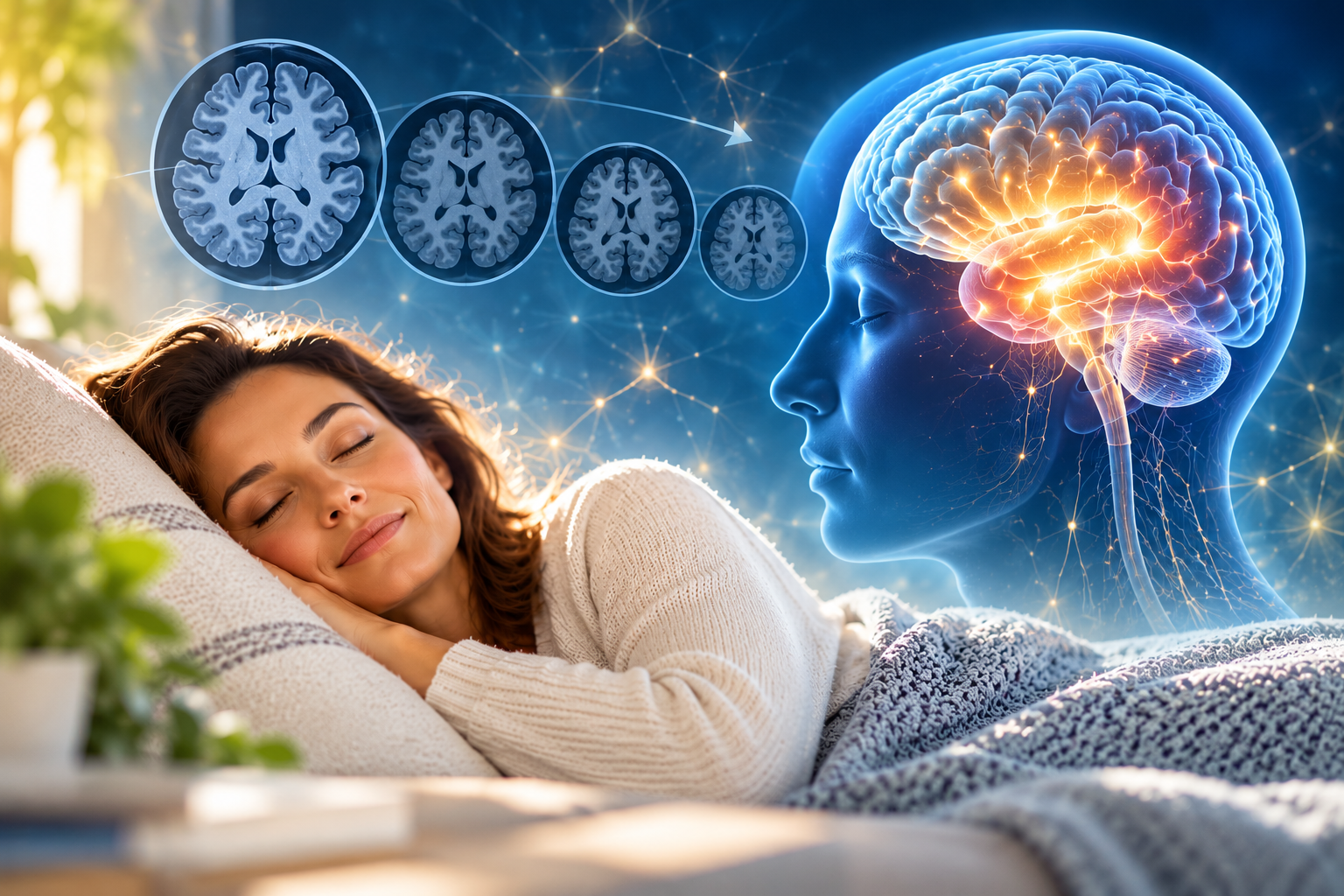 Woman taking an afternoon nap beside a medical illustration of the brain, representing research on napping and brain volume.