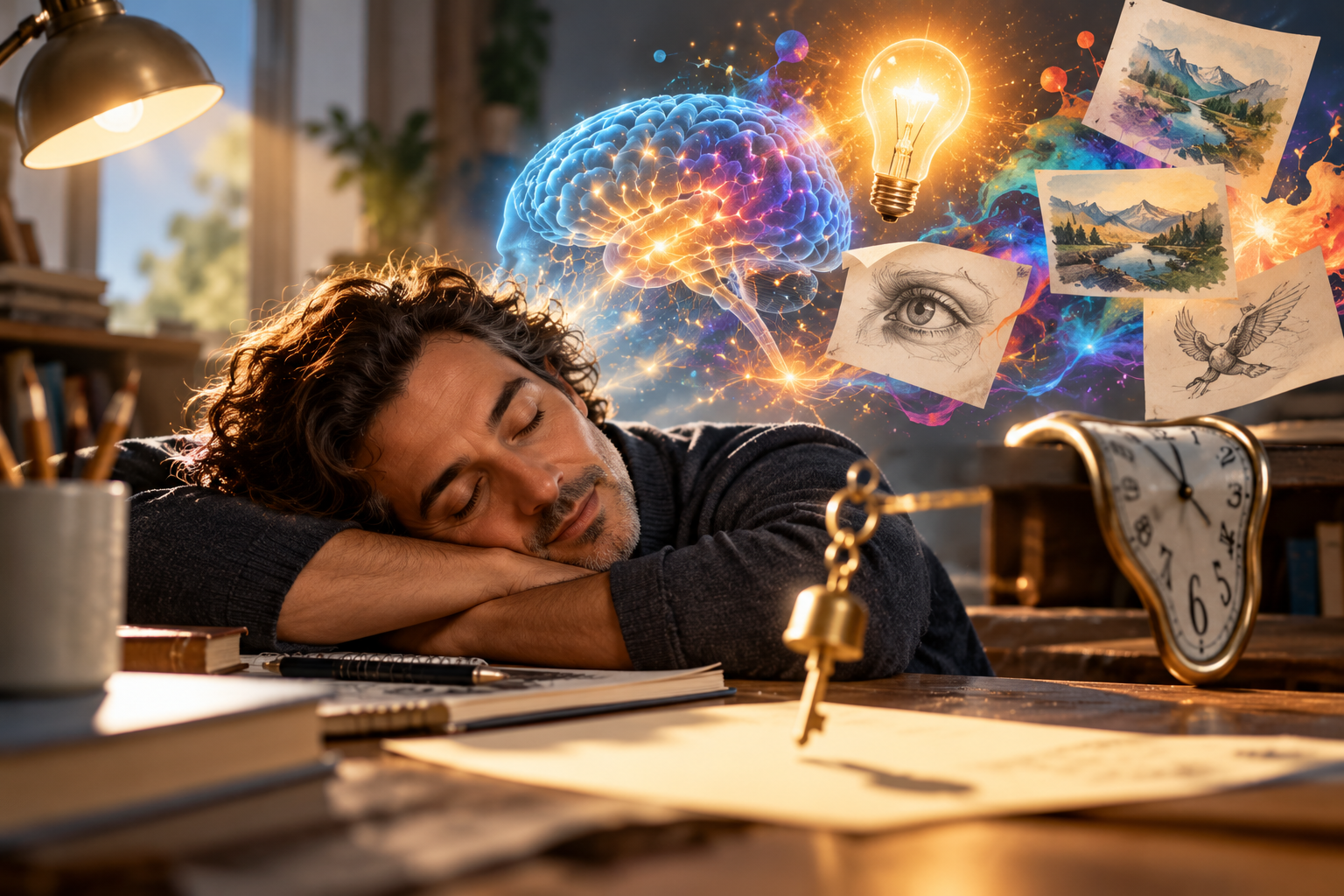 Man drifting into sleep at a desk with a falling key, glowing brain, and imaginative artwork illustrating sleep-onset creativity.