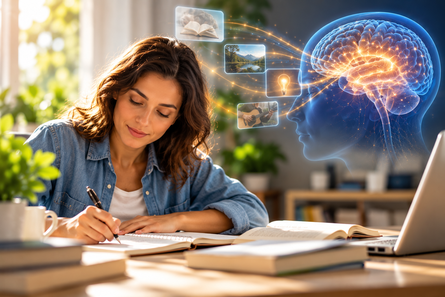 Woman studying beside an illustration of brain activity and neural connections, representing memory consolidation and learning.